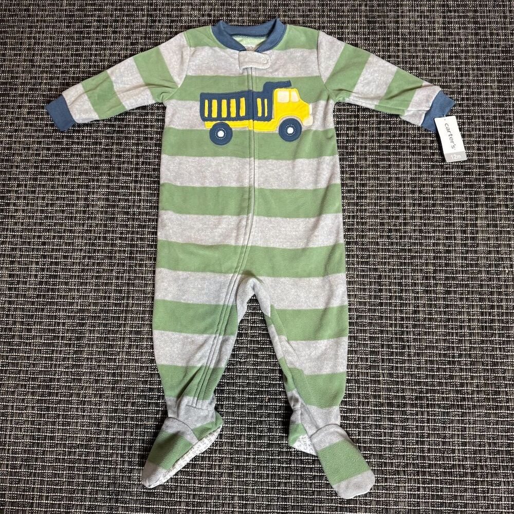 Carter's Baby Boys' Fleece Pajamas 12M Green/Gray Stripes Dump Truck